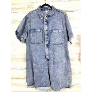 Baevely Womens Plus 3XL Blue Washed Denim Button Up Short Sleeve Jean Romper NWT